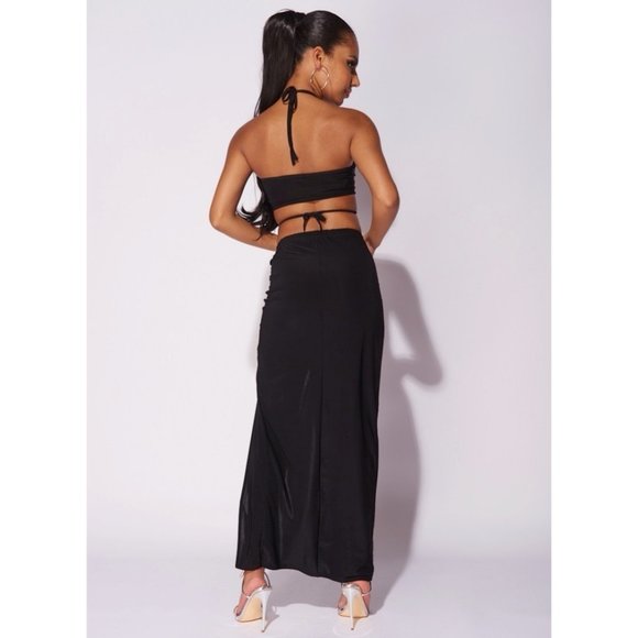 Black Sleeveless Halter Neck Crop Top and High Waist Maxi Skirt Two Piece Set - Picture 5 of 14